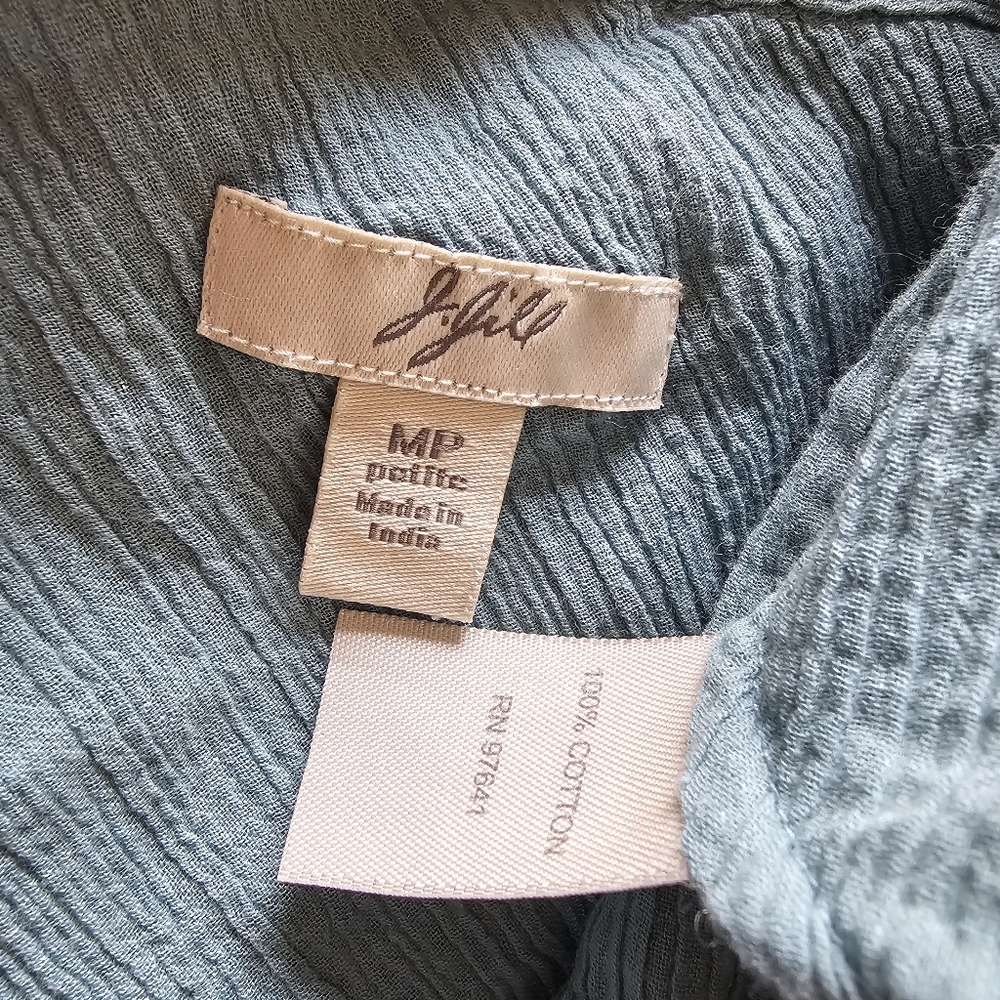 J Jill Relaxed Cotton Gauze Button Up | Teal | Size Medium Petite Short Sleeve - Picture 5 of 5